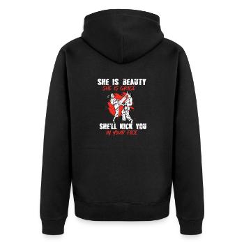 She Is Beauty She Is Grace She Will Kick You In - Unisex Premium Bio Zip Hoodie - Schwarz - Hinten - Nico (187cm)