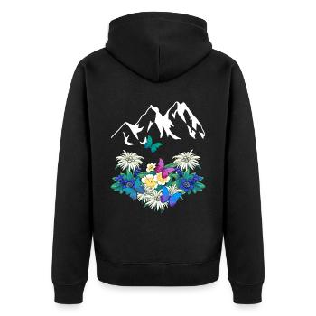 Tiroler Alpen Natur Ökologie Bergsport Trecking - Unisex Premium Bio Zip Hoodie - Schwarz - Hinten - Nico (187cm)