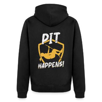Pit Happens - Polsprung - Unisex Premium Bio Zip Hoodie - Schwarz - Hinten - Nico (187cm)