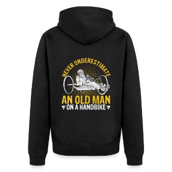Never Underestimate An Old Man On A Handbike - Opa - Unisex Premium Bio Zip Hoodie - Schwarz - Hinten - Nico (187cm)