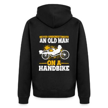 Never Underestimate An Old Man On A Handbike - Han - Unisex Premium Bio Zip Hoodie - Schwarz - Hinten - Nico (187cm)