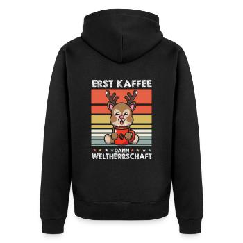 Hirsch Kaffee - Unisex Premium Bio Zip Hoodie - Schwarz - Hinten - Nico (187cm)