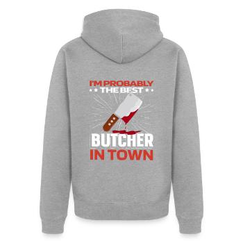 Fleischer Metzger Schlachter - Unisex Premium Bio Zip Hoodie - Grau meliert - Hinten - Nico (187cm)