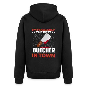 Fleischer Metzger Schlachter - Unisex Premium Bio Zip Hoodie - Schwarz - Hinten - Nico (187cm)