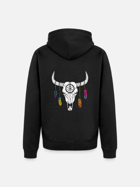 Buffalo Skull Feathers Wół Indian Bison - Ekologiczna rozpinana bluza z kapturem Premium unisex - czarny
