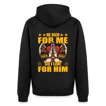 He died for me so I live for him - Unisex Premium Bio Zip Hoodie - Schwarz - Hinten - Nico (187cm)