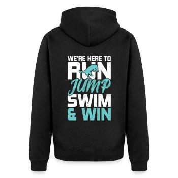 We are here to jump, swim & win - Unisex Premium Organic Zip Hoodie - black - Back - Nico (187cm)
