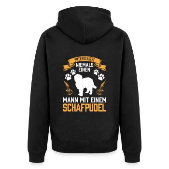 Mann mit Schafpudel altdeutscher Hütepudel - Unisex Premium Bio Zip Hoodie - Schwarz - Hinten - Nico (187cm)