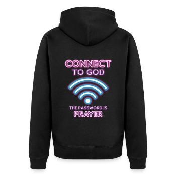 Verbunden Mit Gott, Passwort, Gebet. - Unisex Premium Bio Zip Hoodie - Schwarz - Hinten - Nico (187cm)