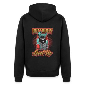 Geburtstagskind, Zeit Zum Aufleveln, Gamer. - Unisex Premium Bio Zip Hoodie - Schwarz - Hinten - Nico (187cm)