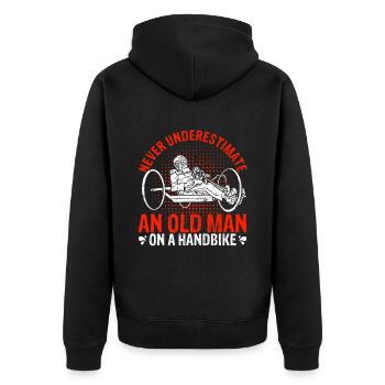 Never Underestimate An Old Man On A Handbike - Han - Unisex Premium Bio Zip Hoodie - Schwarz - Hinten - Nico (187cm)