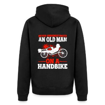 Never Underestimate An Old Man On A Handbike - Han - Unisex Premium Bio Zip Hoodie - Schwarz - Hinten - Nico (187cm)