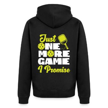 Pickleball Just One More Game I - Unisex Premium Bio Zip Hoodie - Schwarz - Hinten - Nico (187cm)