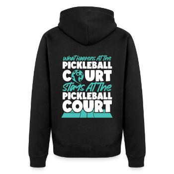Pickleball What Happens At The - Unisex Premium Organic Zip Hoodie - black - Back - Nico (187cm)