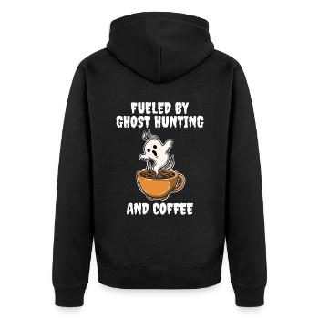 Fueled By Ghost Hunting And Coffee Geist Geschenk - Unisex Premium Bio Zip Hoodie - Schwarz - Hinten - Nico (187cm)