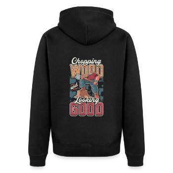 Holz Hacken Und Gut Aussehen Woodworker - Unisex Premium Bio Zip Hoodie - Schwarz - Hinten - Nico (187cm)