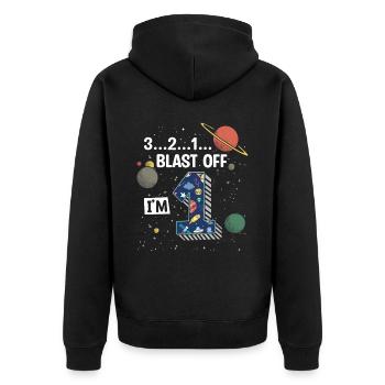 Blast Off J’ai 1 an, 1er anniversaire - Veste à capuche bio Premium Unisexe - noir - Dos - Nico (187cm)