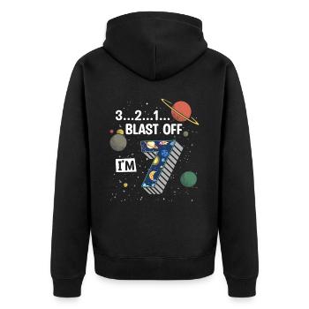 Blast Off J’ai 7 ans, 7ème anniversaire - Veste à capuche bio Premium Unisexe - noir - Dos - Nico (187cm)