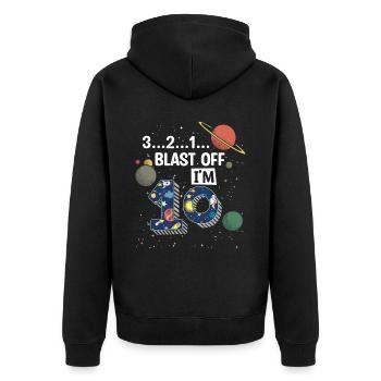 Blast Off Ich Bin 10 Jahre Alt, 10. Geburtstag - Unisex Premium Bio Zip Hoodie - Schwarz - Hinten - Nico (187cm)