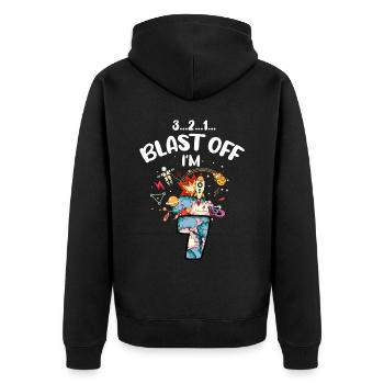 Blast Off J’ai 7 ans, 7ème anniversaire - Veste à capuche bio Premium Unisexe - noir - Dos - Nico (187cm)