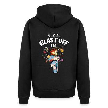 Blast Off J’ai 1 an, 1er anniversaire - Veste à capuche bio Premium Unisexe - noir - Dos - Nico (187cm)