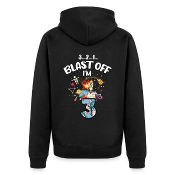 Blast Off J’ai 3 ans, 3ème anniversaire - Veste à capuche bio Premium Unisexe - noir - Dos - Nico (187cm)