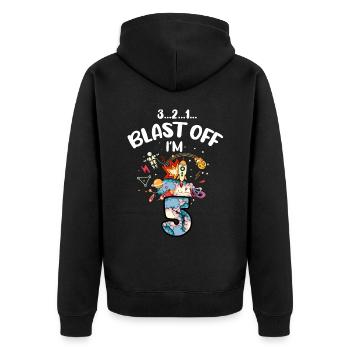 Blast Off J’ai 5 ans, 5ème anniversaire - Veste à capuche bio Premium Unisexe - noir - Dos - Nico (187cm)