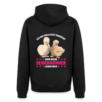 Ich Bin Vielleicht Verrückt Aber Meine Seidenhühne - Unisex Premium Bio Zip Hoodie - Schwarz - Hinten - Nico (187cm)