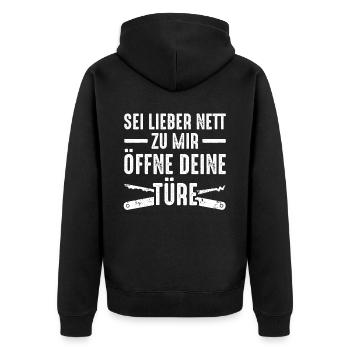 Sei Lieber Nett Zu Mir Öffne Deine Türe - Unisex Premium Bio Zip Hoodie - Schwarz - Hinten - Nico (187cm)
