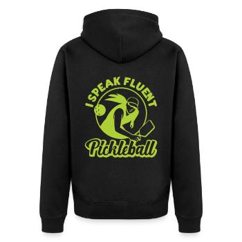 Pickleball Retro I Speak Fluent - Unisex Premium Bio Zip Hoodie - Schwarz - Hinten - Nico (187cm)