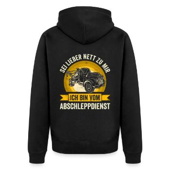 Sei Lieber Nett Zur Mir Ich Bin Vom Abschleppdiens - Unisex Premium Bio Zip Hoodie - Schwarz - Hinten - Nico (187cm)