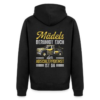 Mädels Beruhigt Euch Der Abschleppdienst Ist Da - Unisex Premium Bio Zip Hoodie - Schwarz - Hinten - Nico (187cm)