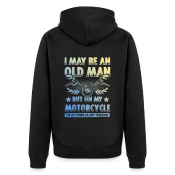 Motorrad alter mann - Unisex Premium Bio Zip Hoodie - Schwarz - Hinten - Nico (187cm)