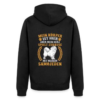 Samojede spielt zuhause Samojedenspitz - Unisex Premium Bio Zip Hoodie - Schwarz - Hinten - Nico (187cm)