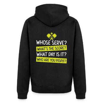 Pickleball Whose Serve? What's The - Unisex Premium Bio Zip Hoodie - Schwarz - Hinten - Nico (187cm)