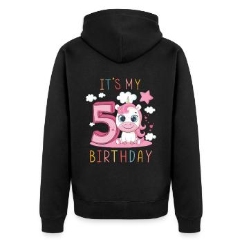 Children Birthday Boys Girls 5 years Unicorn - Unisex Premium Organic Zip Hoodie - black - Back - Nico (187cm)