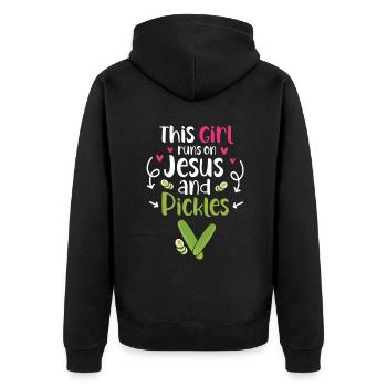 This Girl Runs On Jesus And Pickles - Unisex Premium Bio Zip Hoodie - Schwarz - Hinten - Nico (187cm)