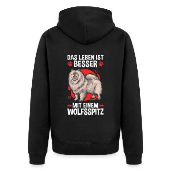 Leben mit Wolfsspitz deutscher Spitz Keeshond - Unisex Premium Bio Zip Hoodie - Schwarz - Hinten - Nico (187cm)