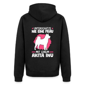 Unterschätze nie eine Frau mit Akita Inu - Unisex Premium Bio Zip Hoodie - Schwarz - Hinten - Nico (187cm)