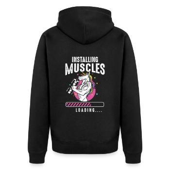 Installing Muscles Loading Workout Gym Unicorn - Unisex Premium Bio Zip Hoodie - Schwarz - Hinten - Nico (187cm)