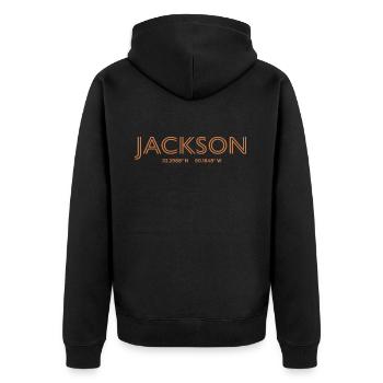 USA Stadt Koordinaten - Jackson - Unisex Premium Bio Zip Hoodie - Schwarz - Hinten - Nico (187cm)