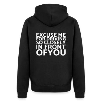 Excuse me for being so close to Muscle Car - Unisex Premium Organic Zip Hoodie - black - Back - Nico (187cm)