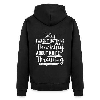 Messerwurfscheibe Geschenk Messerwerfer - Unisex Premium Bio Zip Hoodie - Schwarz - Hinten - Nico (187cm)