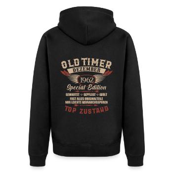 Oldtimer Dezember 1962 Jahrgang Geburtstag - Unisex Premium Bio Zip Hoodie - Schwarz - Hinten - Nico (187cm)
