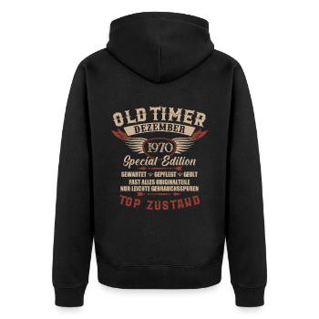 Oldtimer Dezember 1970 Jahrgang Geburtstag - Unisex Premium Bio Zip Hoodie - Schwarz - Hinten - Nico (187cm)