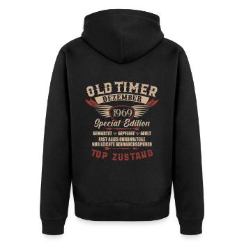 Oldtimer Dezember 1969 Jahrgang Geburtstag - Unisex Premium Bio Zip Hoodie - Schwarz - Hinten - Nico (187cm)