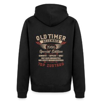 Oldtimer Dezember 1986 Jahrgang Geburtstag - Unisex Premium Bio Zip Hoodie - Schwarz - Hinten - Nico (187cm)