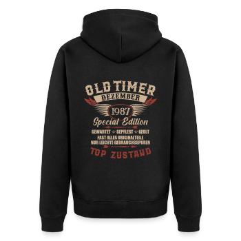 Oldtimer Dezember 1987 Jahrgang Geburtstag - Unisex Premium Bio Zip Hoodie - Schwarz - Hinten - Nico (187cm)