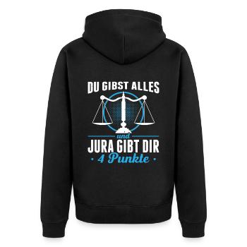 Du Gibst Alles Und Jura Gibt Dir 4 Punkte - Unisex Premium Bio Zip Hoodie - Schwarz - Hinten - Nico (187cm)