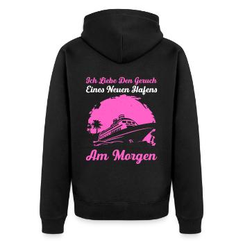 Ich Liebe Den Geruch Eines Neuen Hafens Am Morgen - Unisex Premium Bio Zip Hoodie - Schwarz - Hinten - Nico (187cm)